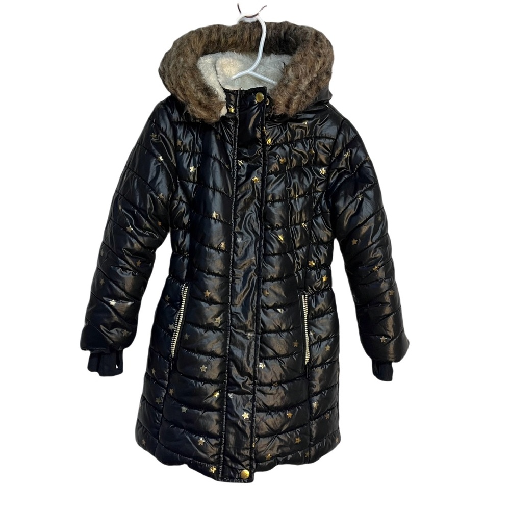 Cat & Jack Black Winter Coat Gold Star Removable Faux Fur Lined Hood Sz XS (4/5)